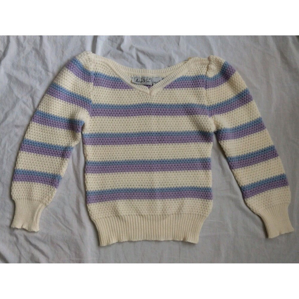Andrew St. John Sweater Ivory Purple Retro Granny Grandmacore Women's Size Small